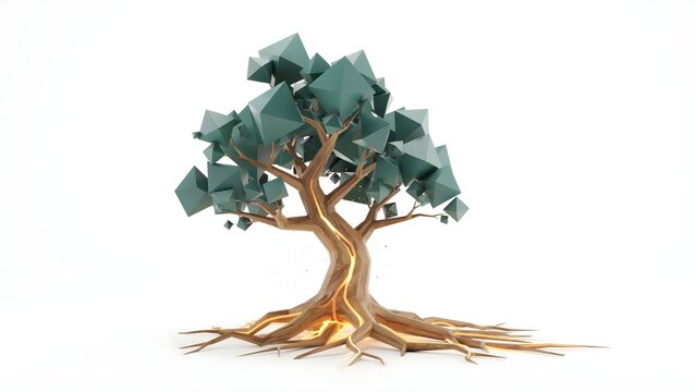 Faceted low poly tree with spreading luminous golden roots &ndash; Suitable for structural foundation, company heritage, or technological growth.