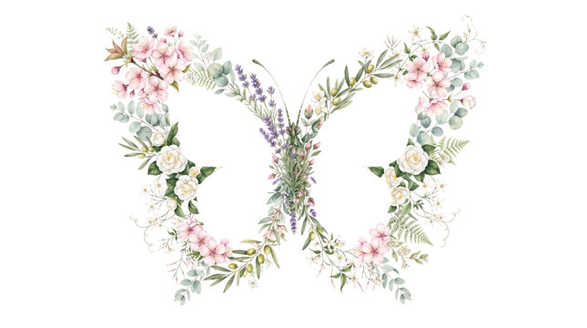 Watercolor floral butterfly silhouette, elegant spring flower arrangement, pastel botanical garden insect art on white background
