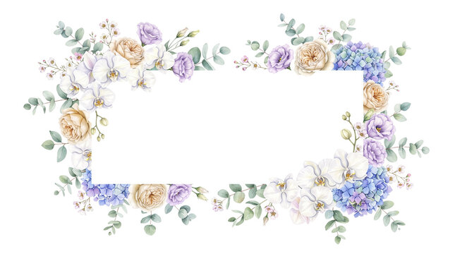 Watercolor floral frame with pastel roses and orchids. Elegant botanical border for wedding invitations. Soft flower wreath on white background.