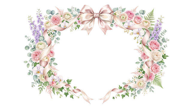 Watercolor floral wreath with pink ribbon bow, elegant pastel flower frame for wedding invitations, romantic botanical border