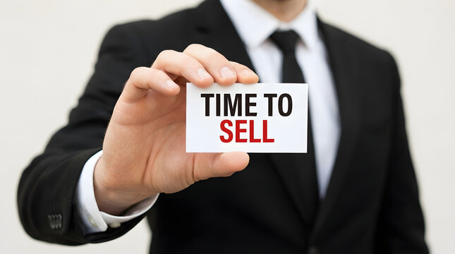 Professional holding sign indicating strategic business decision to sell assets with close formal businessperson businessperson dark suit extending hand holding