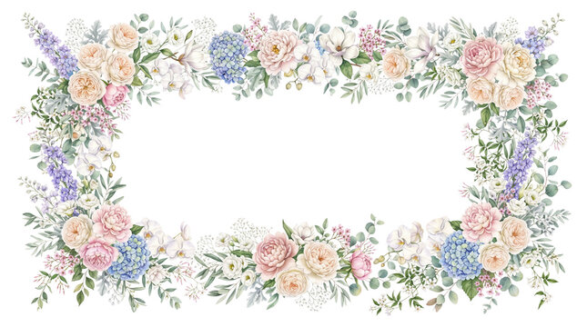 Watercolor floral frame with pastel roses and hydrangea. Elegant flower border for wedding invitations. Romantic botanical wreath on white background.