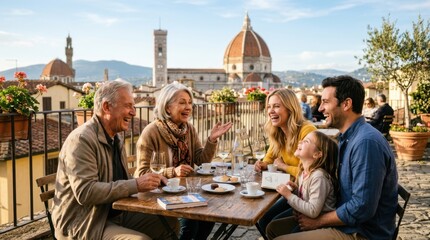 Fototapeta premium Multi-generational family enjoying coffee and conversation on a terrace with Florence skyline