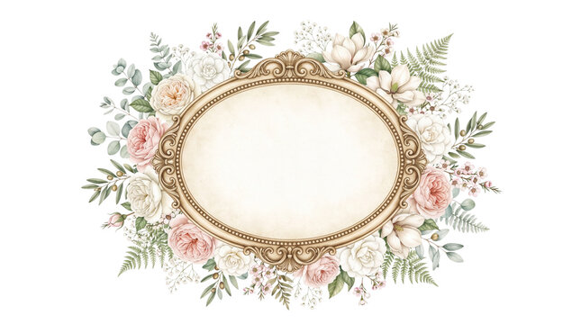 Vintage gold oval frame with watercolor roses. Elegant floral border for wedding invitations. Antique ornate mirror frame with pink flowers.