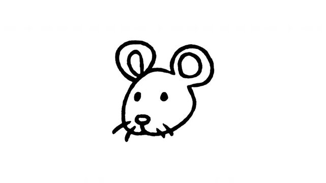 Animated 4K mouse head doodle icon with line boil action. Hand drawn line art on black and green screen backgrounds for rat face, small rodent, pet mouse, cheese pest, cute animal edits.