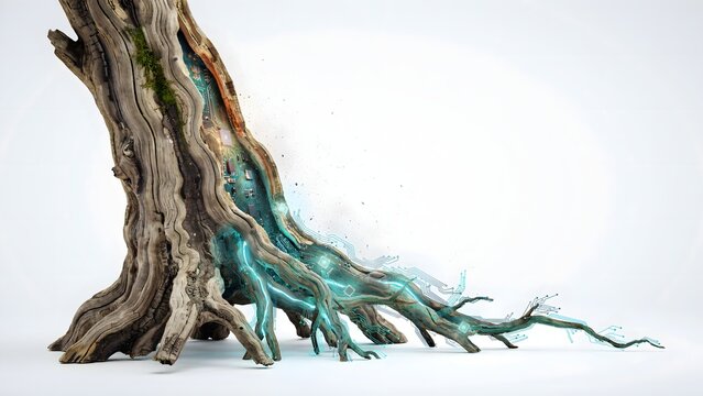 Gnarled root system morphing into electric circuit traces &ndash; Perfect for technological roots, data infrastructure, or nature tech fusion.