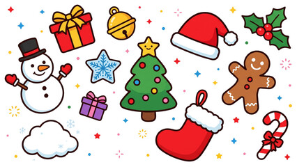 Fototapeta premium Cute christmas elements flat color line icon set