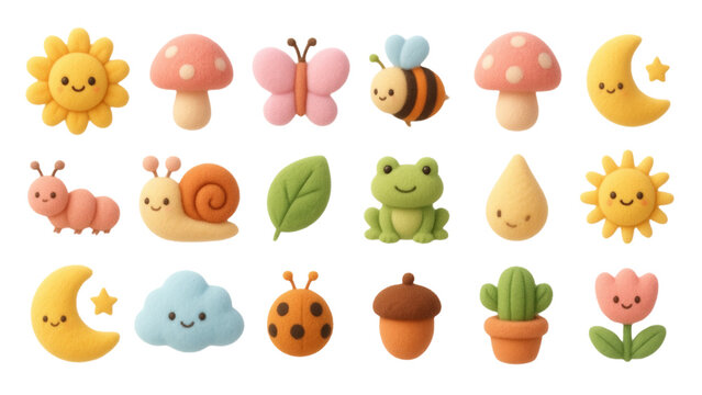 Cute 3d nature and spring elements cartoon icon set
