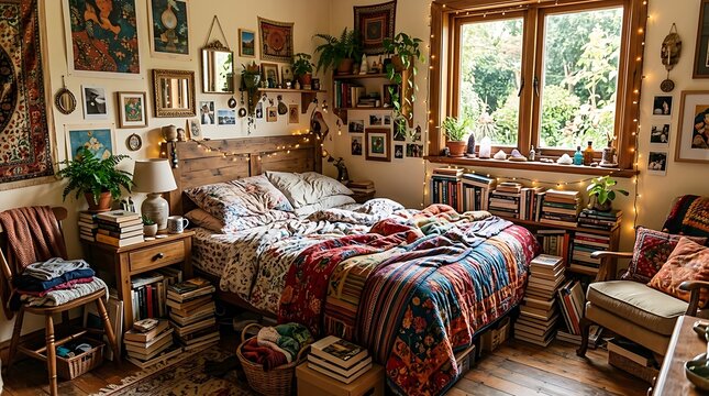 Cozy vintage bedroom with antique furniture and textiles.