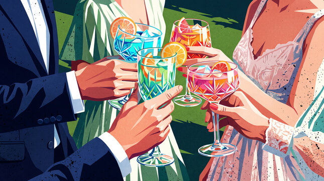 Elegant friends in formal attire toasting with vibrant colorful citrus cocktails at a sunny outdoor summer party. Stylish pop art illustration of a luxury wedding celebration.