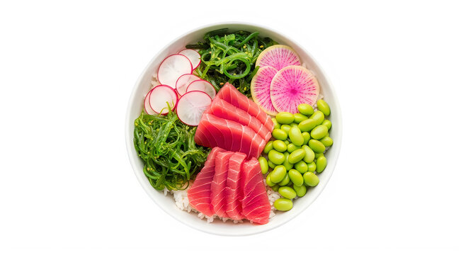 Fresh tuna poke bowl with edamame and radish in a bowl isolated on transparent background, illustration