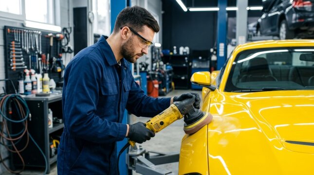 Professional car detailer polishing a yellow sports car with an orbital buffer in an auto repair shop