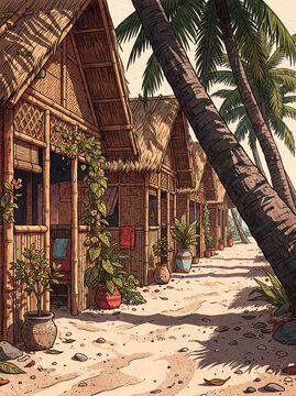 Beautiful detailed vintage illustration of rustic bamboo beach bungalows with thatched roofs along a warm sunny sandy path under palm trees. Peaceful tropical island resort getaway.