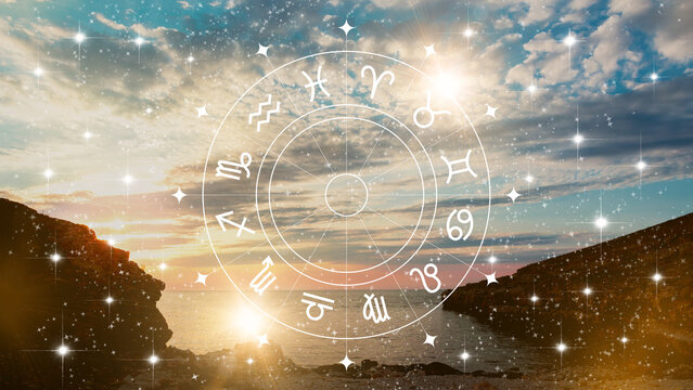 Astrology zodiac signs with a sunset background near a calm sea