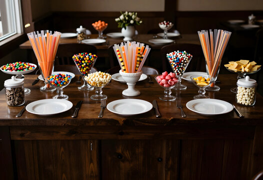 Candy buffet with colorful sweets and drinking straws on a rustic wooden table at a party or event, Various glass bowls and jars hold different types of candies, including chocolate-coated pieces