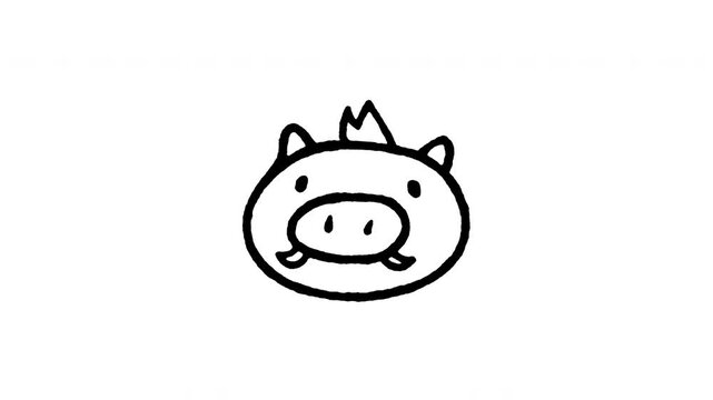 Animated 4K wild boar head doodle icon with line boil action. Hand drawn line art on black and green screen backgrounds for tusk pig, wild swine, forest beast, farm hog animal edits.