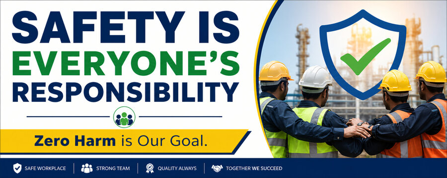 Safety Is Everyone's Responsibility Industrial Workplace Safety Banner with Construction Workers