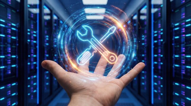 Technical maintenance concept with glowing wrench and screwdriver icons floating above hand in data center for workflow optimization and safety