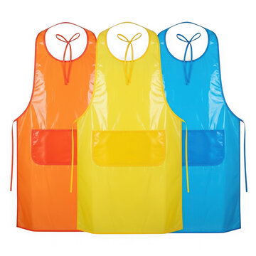 Three colorful aprons hanging in a row