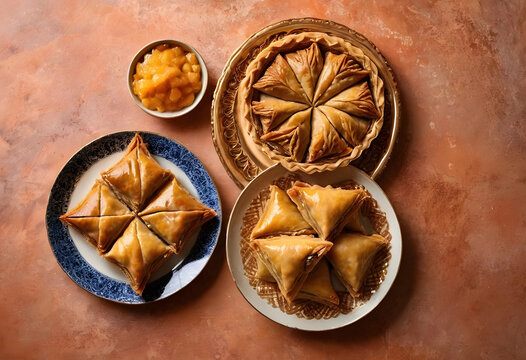 Assortment of golden brown baklava pastries with honey syrup and a side of fruit compote on a rustic background, Traditional middle eastern dessert arranged on decorative plates