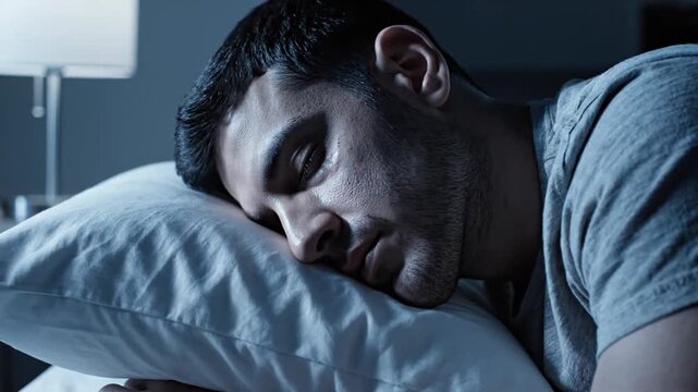 Man Sleeping Peacefully On Pillow In Dark Bedroom 4K