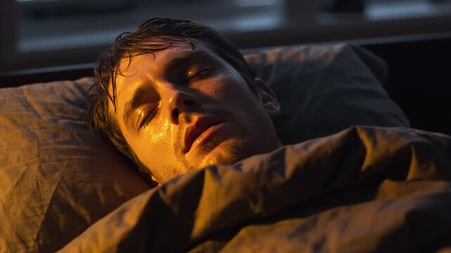 Man Sweating In Bed With Fever Or Illness Slow Motion