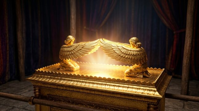 Golden Ark of the Covenant with cherubim. Religious symbol of ancient biblical history. Sacred artifact with two angels.