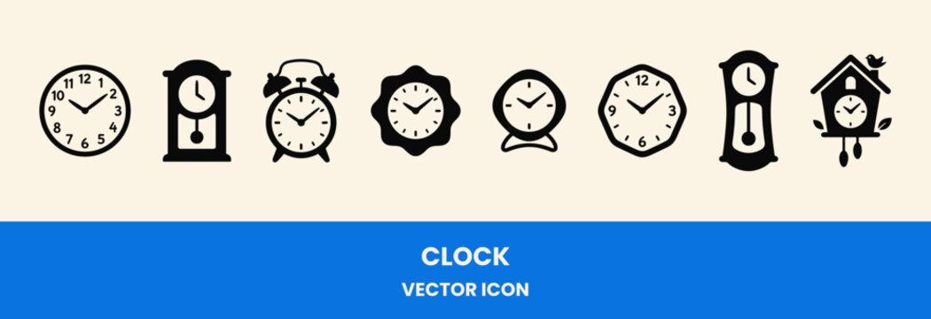 Set of various clock icons, alarm clock, wall clock, pendulum clock, and cuckoo clock vector