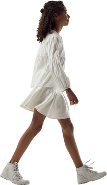 Girl walking right in profile isolated on transparent background. Concept of pedestrian visualization, wellness campaigns, lifestyle editorial layouts.