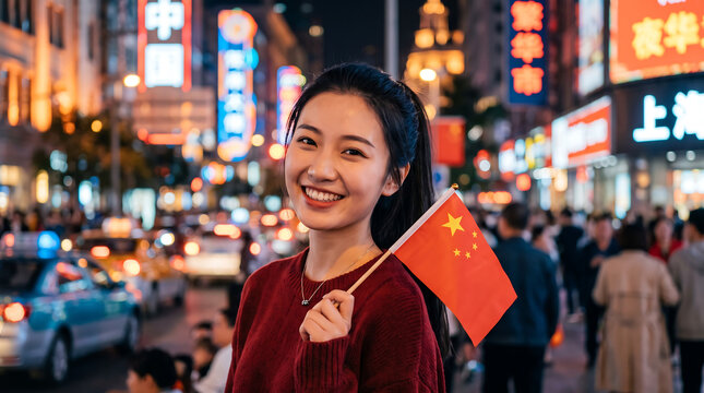 A young chinese woman smiling and holding a chinese flag on a busy city street at night, with blurred neon lights and urban traffic in the background