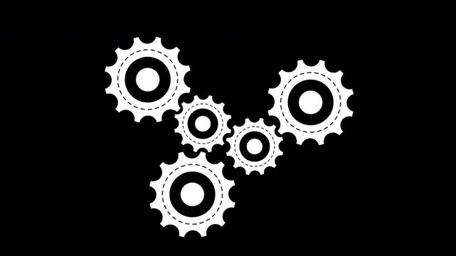 Five white mechanical gear wheels linked together black background simple graphic design. Ideal for presentations, technical manuals, and industrial websites. Four white gear wheels connected on a dar