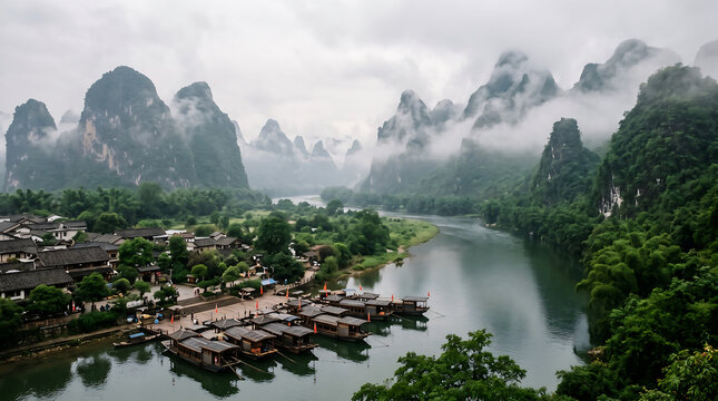 Beautiful karst mountain landscape with the li river and traditional boats in yangshuo, guilin, china