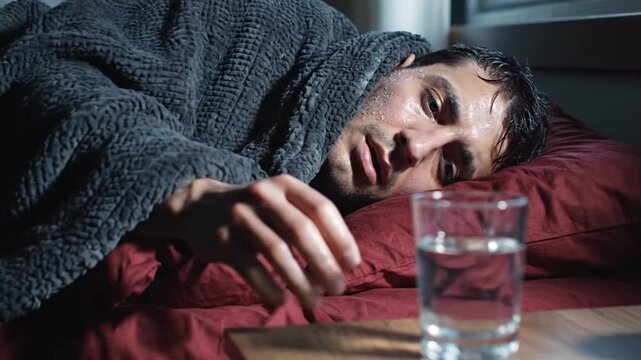 Man Sweating Under Blanket Reaching For Water Glass Sick Bedridden