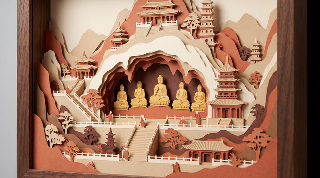 Intricate 3d paper cut art depicting a serene buddhist temple landscape with statues, pagodas, and mountains in layered earth tones