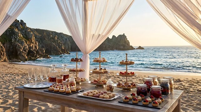 Elegant dessert buffet table setup on a tropical beach at sunset for a wedding celebration. oceanfront catering arrangement