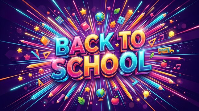 Vibrant back to school typography design with colorful light streaks and educational supplies on a dark background