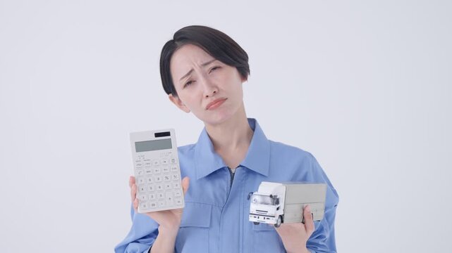 電卓を持つトラックドライバーの女性