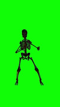 Metallic skeleton performs an energetic dance move on a chroma key green screen background in a detailed 3D render for Halloween party overlays