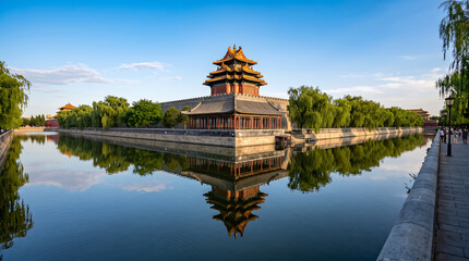 Obraz premium The forbidden city moat and corner tower in beijing, china, reflecting in the water under a clear blue sky with surrounding willow trees