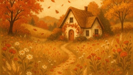 Obraz premium Charming autumn cottage landscape desktop wallpaper
