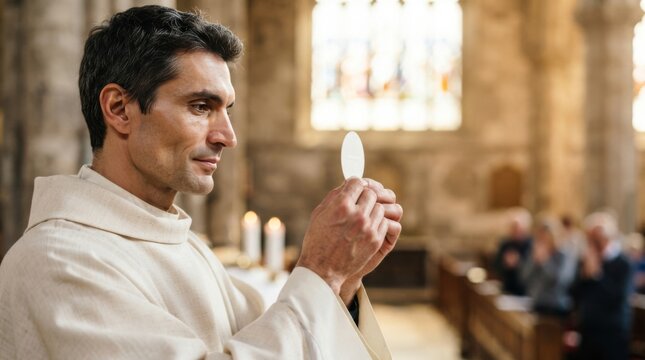 Priest holding eucharist wafer during a religious service in a church with stained glass windows in the background