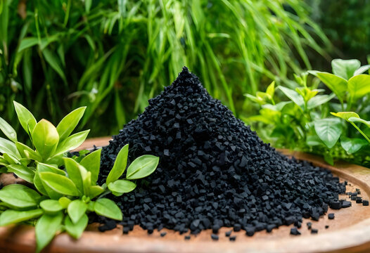 Pile of black granular activated carbon on a wooden plate with green plants in the background water purification, this material is commonly used for water and air purification filtration