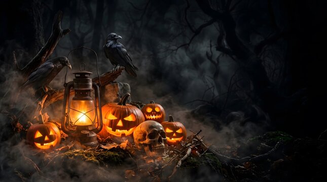 Halloween illustration featuring skull, pumpkin, and crows