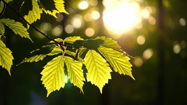 Fresh Green Leaves Swaying in Warm Sunlight With Natural Forest Bokeh