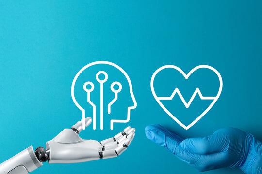 AI in healthcare and medical technology concept. Robot arm and doctor hand holding digital AI brain and heart pulse icons on a blue background.