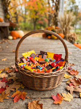 Wicker basket overflowing with colorful wrapped Halloween candy displayed on rustic wooden porch surrounded by autumn leaves. American carnival for Halloween celebrating concept with copy-space.