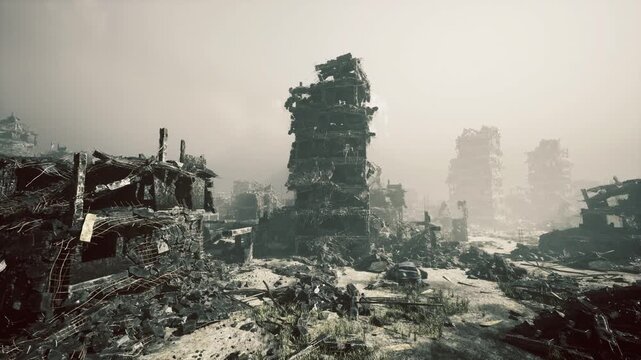 empty battlefield with ruined tower silhouette, scorched ground and scattered craters frame collapsed concrete skeleton under ashen sky, heavy silence