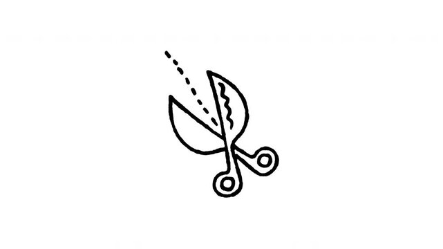 Animated doodle fabric cutting design icon. 4K frame by frame line art on black and green screen chroma key background for tailor scissors cut, cloth craft shear, sewing fashion design edits.