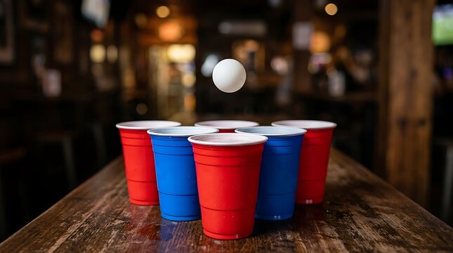 White ping pong ball flying over red and blue plastic cups on a wooden table in a dark bar. bierpong