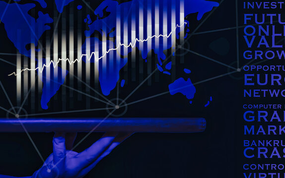 Abstract visual representation of global financial markets featuring a world map overlaid with a fluctuating graph and data analytics. This graphic depicts economic trends, investments, and online